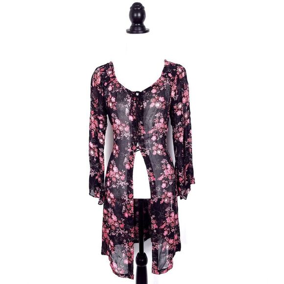 Angie Boho Floral Print Lace-Up Open Front Sheer Tunic Top Black Pink Size Med… - Picture 1 of 5